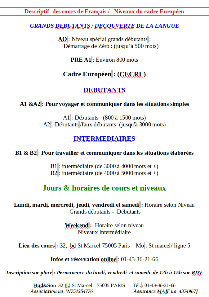 Hudandsonevents cours de français descriptif